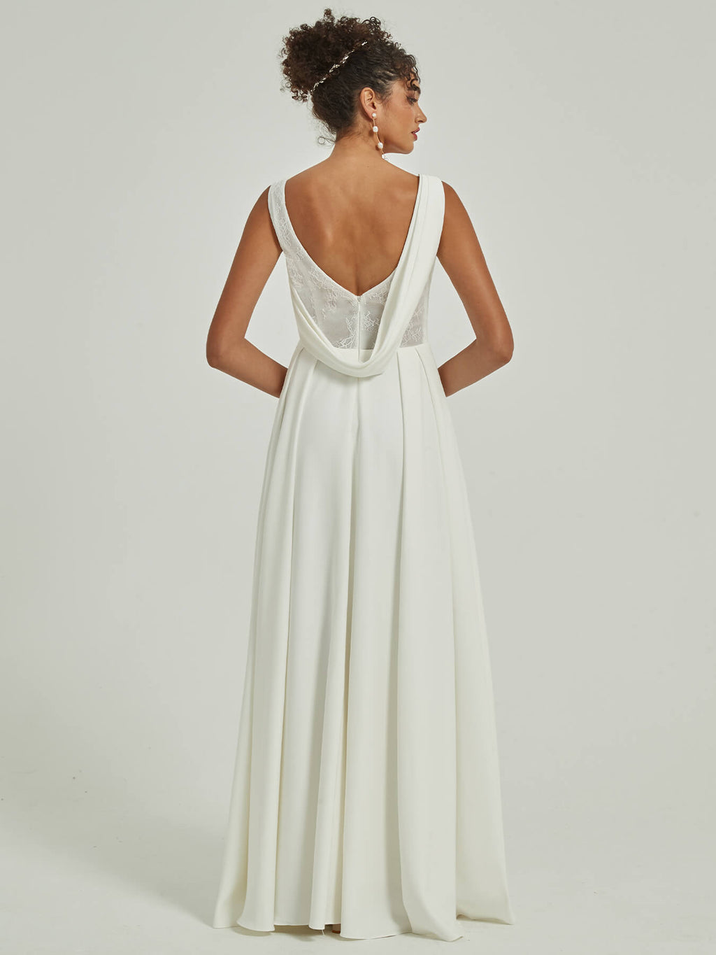 Diamond White Crepe Sleeveless A-Line Backless Cowl Floor Length Wedding Dress Isla