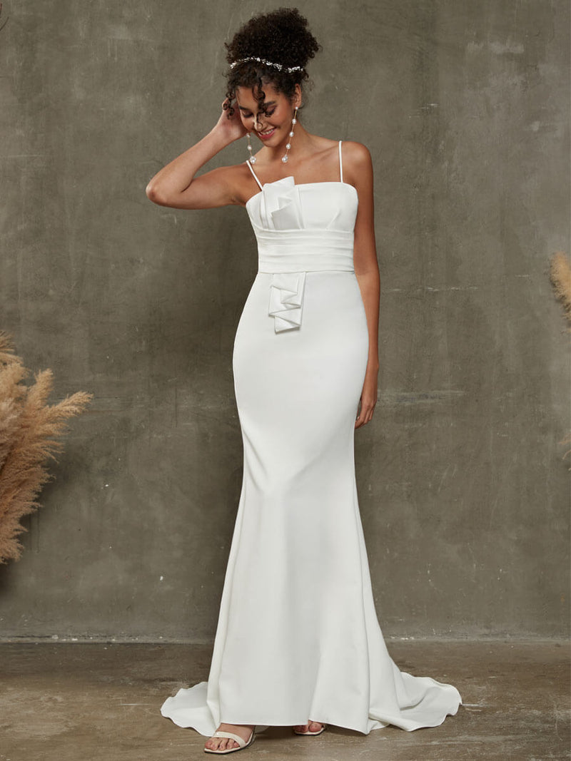 Diamond White Crepe Mermaid Wedding Dress with Chapel Train