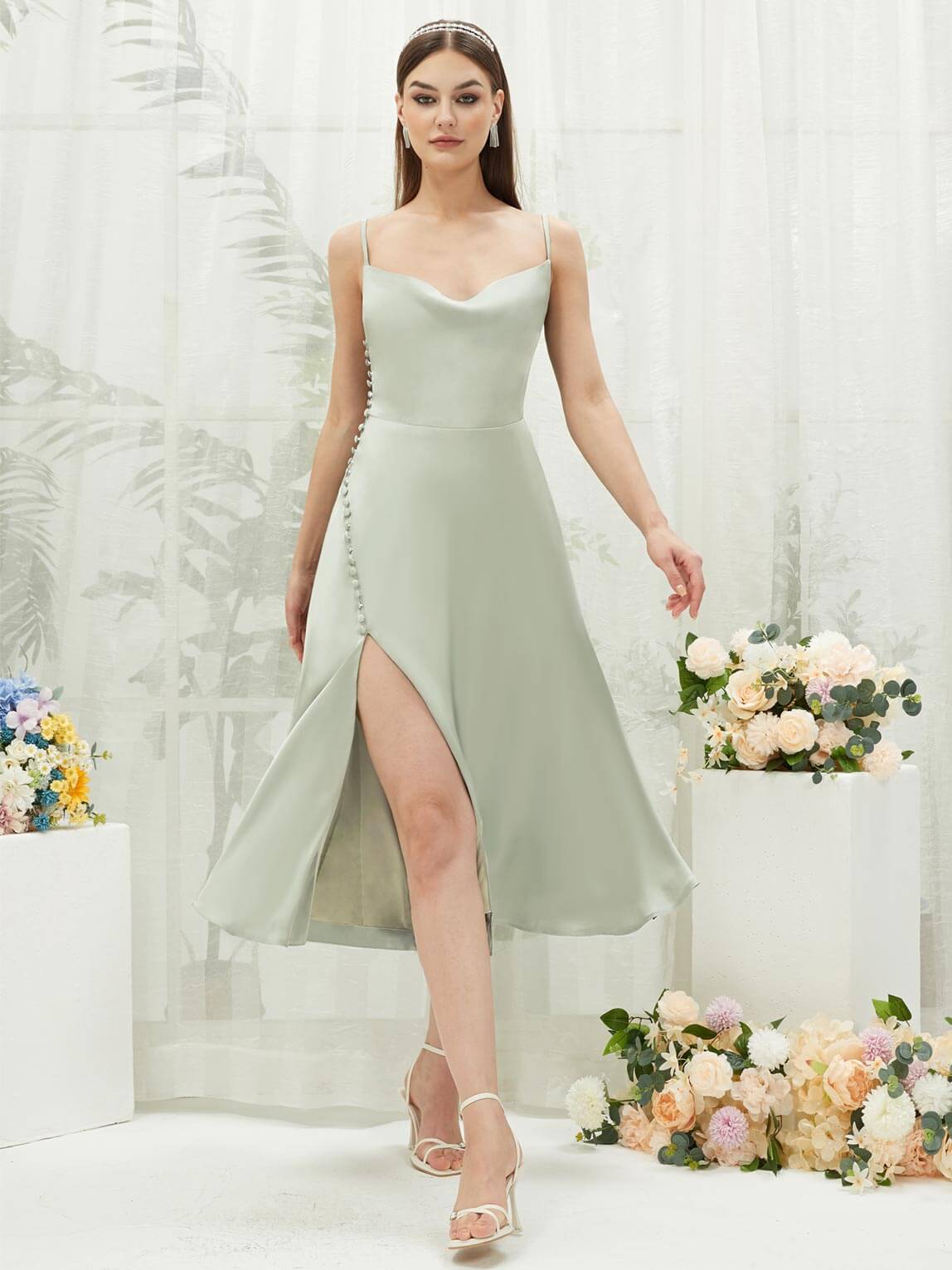 Sage Green Silk Satin Cowl Neck Spaghetti Straps Button Slit Bridesmai – NZ Bridal