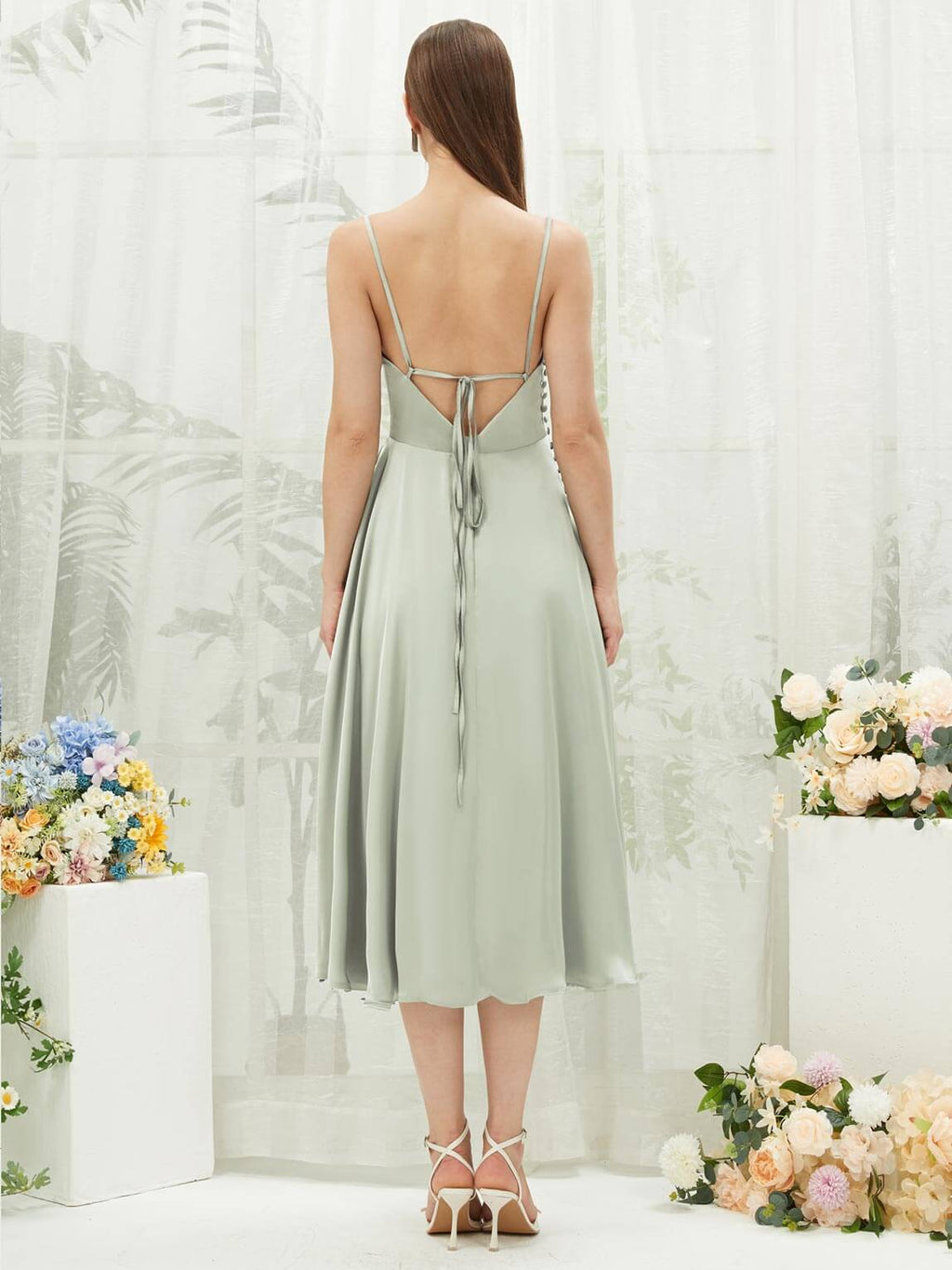 Sage Green Button Satin bridesmaid dresses NZ Bridal AA30511 Ceci a