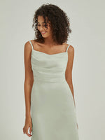 Sage Green Pleated Maxi Satin bridesmaid dresses R1102 Cora NZ Bridal detail1
