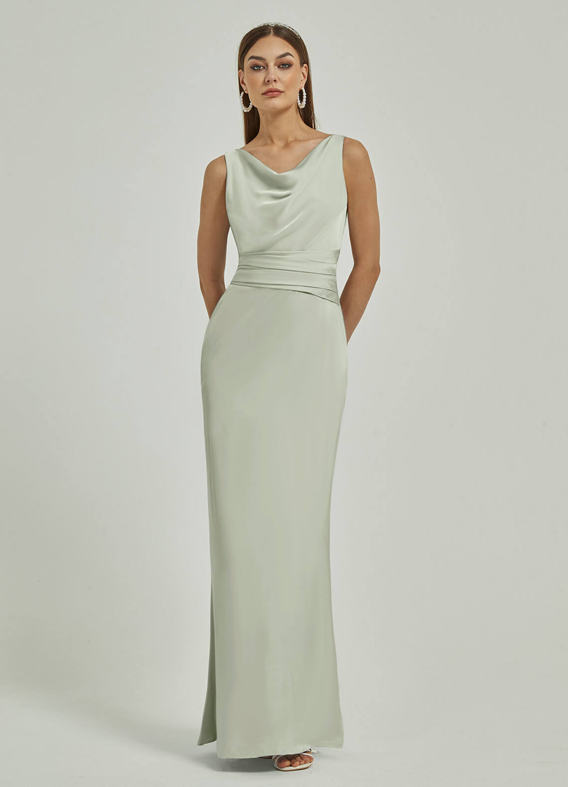 Sage Green Silk Satin Cowl Neck Sheath Backless Maxi Bridesmaid Dress