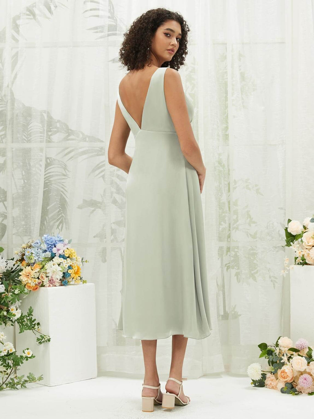 Sage Green V-Neck Detachable Bow Straps V-Neck Silk Satin Convertible Bridesmaid Dress Tea Length Sage Green / 3X / N22 Sage Green V-Neck Detachable Bow Straps V-Neck Silk Satin Convertible Bridesmaid Dress Tea Length Sage Green / 3X / N22