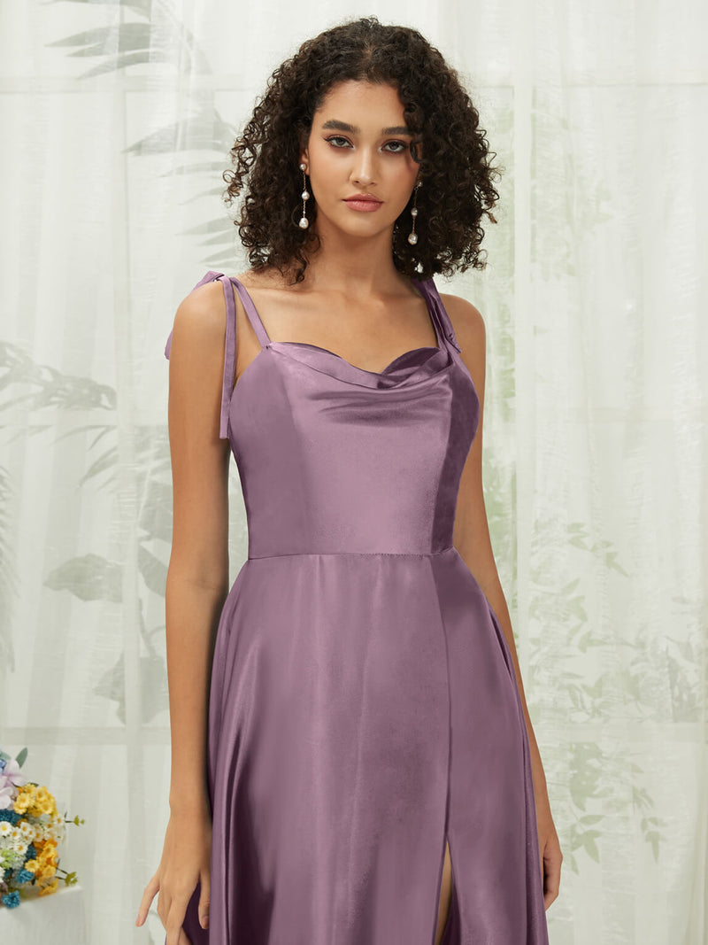 Spaghetti Straps Slit Satin bridesmaid dresses Chapel Train XC30113 Juliet NZ Bridal detail1