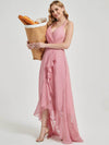 Candy Pink Asymmetrical Chiffon Bridesmaid Dress With V Neckline