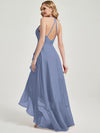Slate Blue Halter V-Neck Backless High Low Chiffon Maxi Bridesmaid Dress