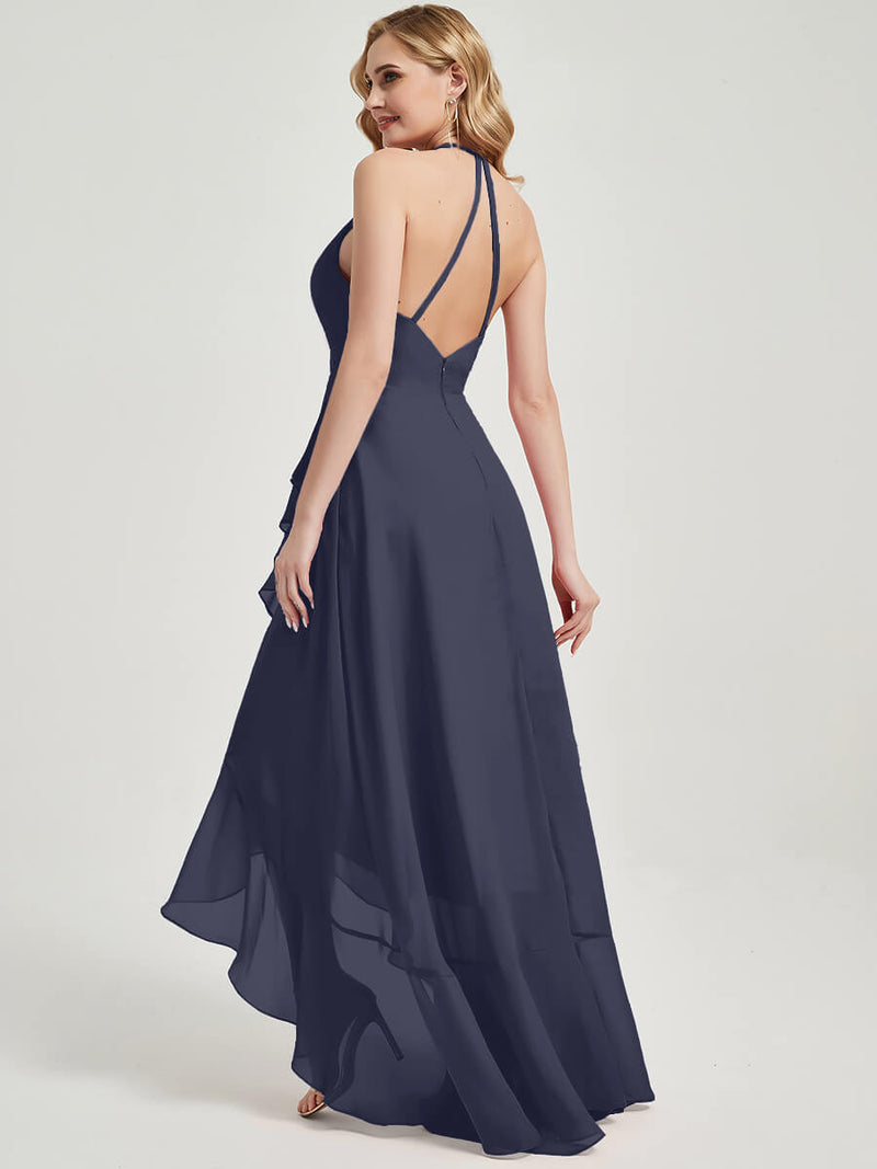 Stormy Halter V-Neck Backless High Low Chiffon Maxi Bridesmaid Dress