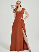 Burnt Orange Rushed V Cut Split Bridesmaid Dress Ella