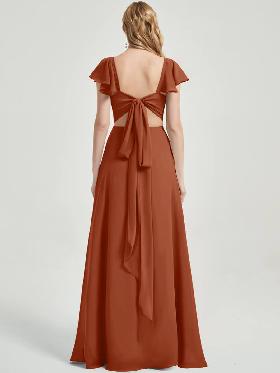 Burnt Orange Rushed V Cut Split Bridesmaid Dress Ella