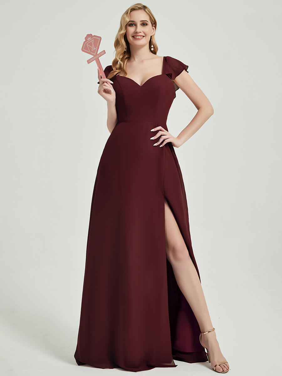 Burgundy Rushed V Cut Split Bridesmaid Dress Ella