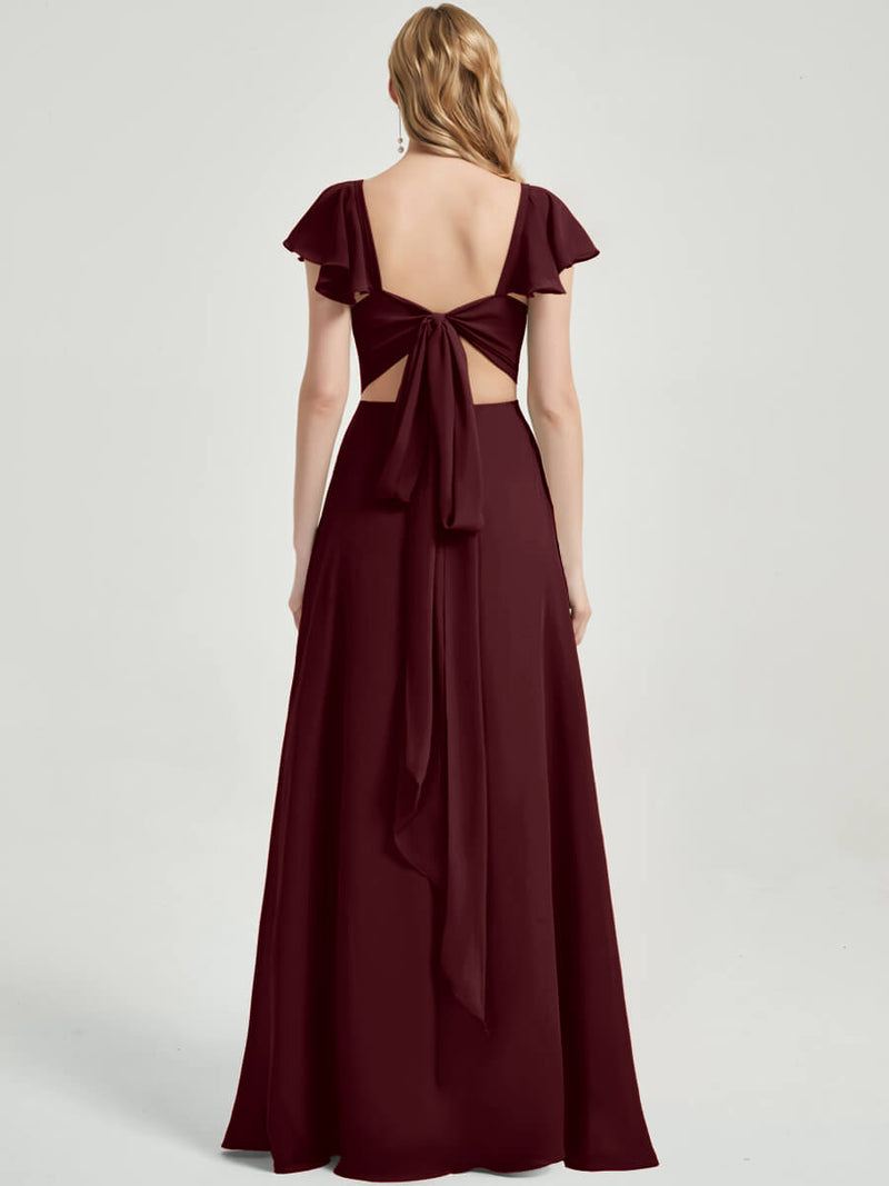 Burgundy Rushed V Cut Split Bridesmaid Dress Ella