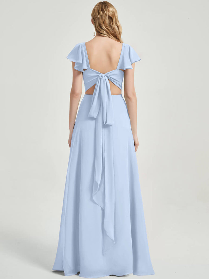 Cornflower Blue Ruffle Cap Sleeve Chiffon Bridesmaid Dress With Slit