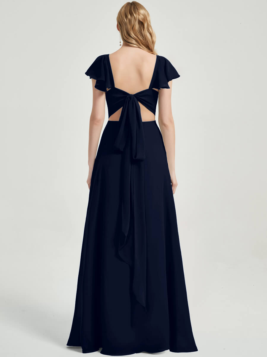 Dark Navy Rushed V Cut Split Bridesmaid Dress Ella