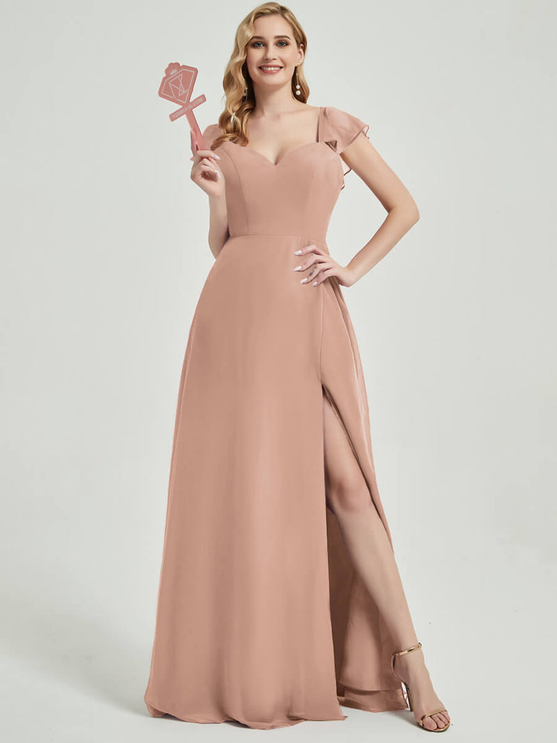 English Rose Ruffle Cap Sleeve Maxi Chiffon Bridesmaid Dress With Slit – NZ Bridal