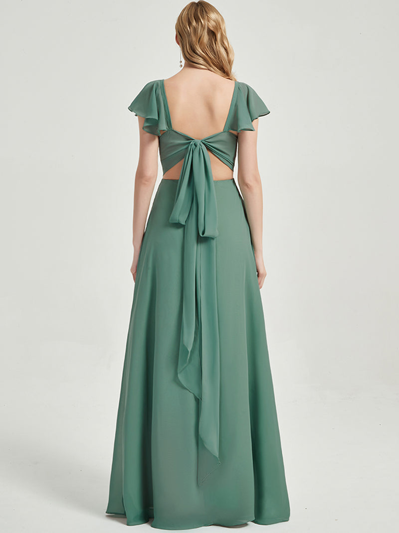 Eucalyptus Rushed V Cut Cinched Waist Bridesmaid Dress