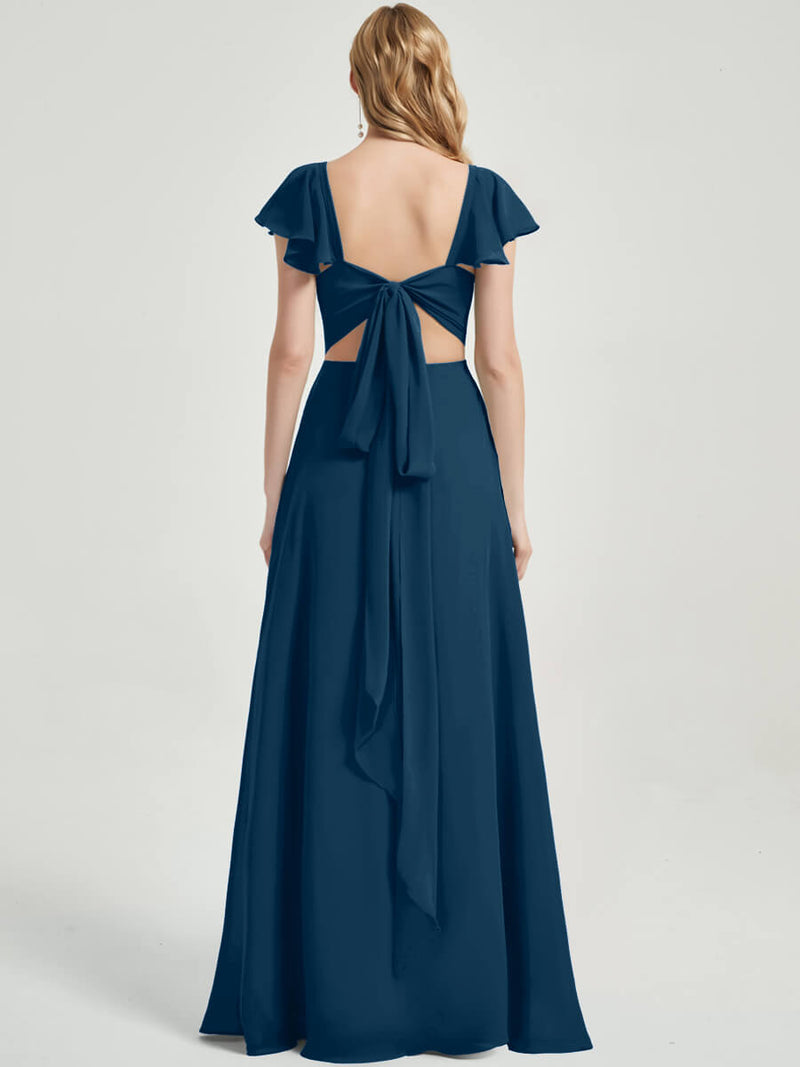 Ink Blue Ruffle Cap Sleeve Floor Length Bridesmaid Dress With Slit