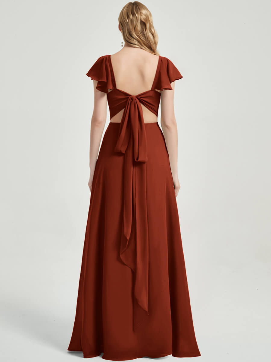 Rusty Red Rushed V Cut Split Bridesmaid Dress Ella