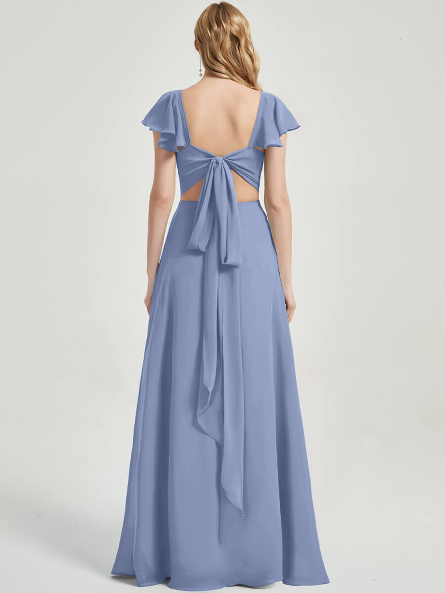 Slate Blue Rushed V Cut Split Bridesmaid Dress Ella