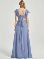 Slate Blue Ruffle Cap Sleeves Floor Length Bridesmaid Dress With Slit