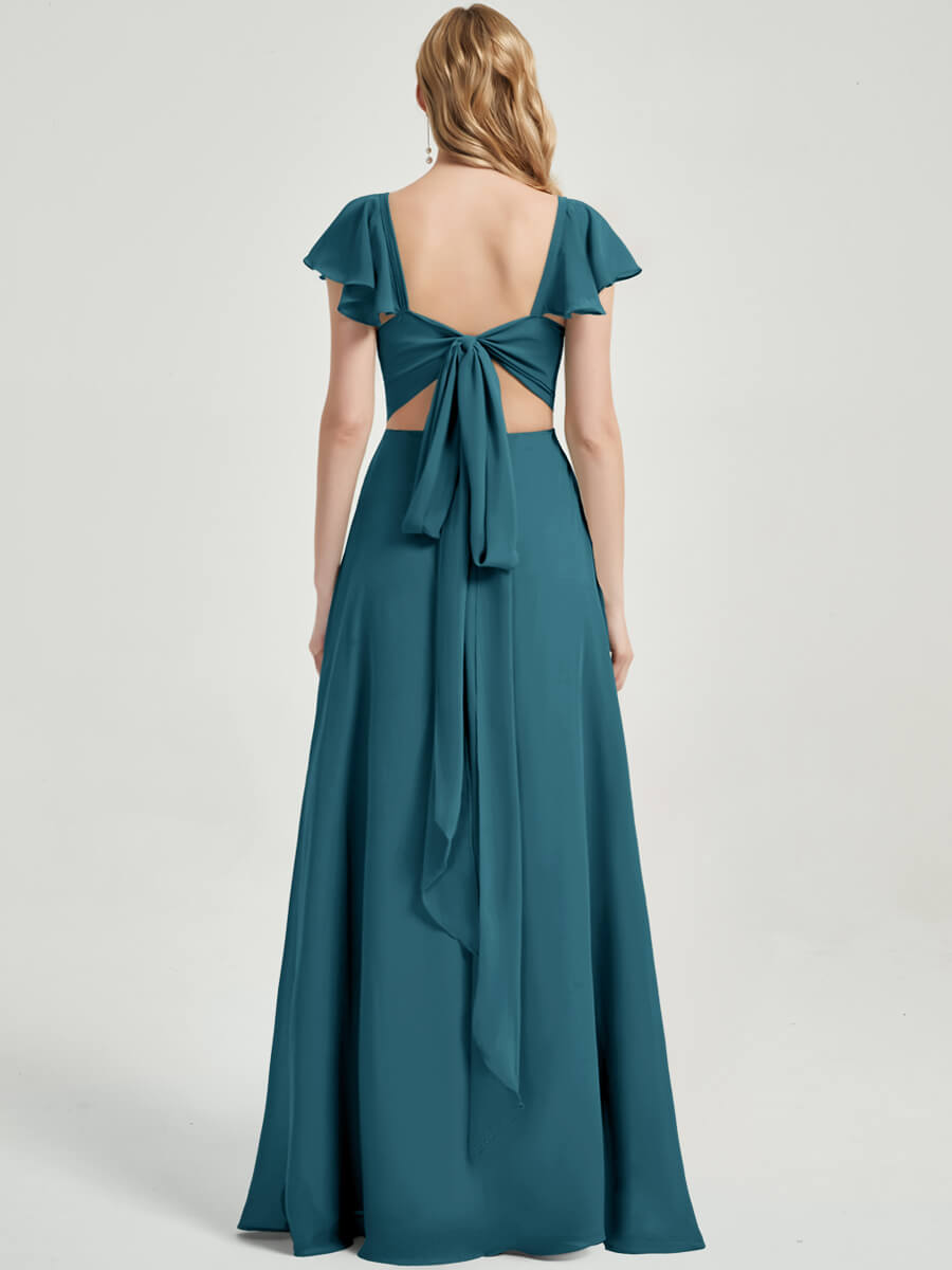 Teal Rushed V Cut Split Bridesmaid Dress Ella