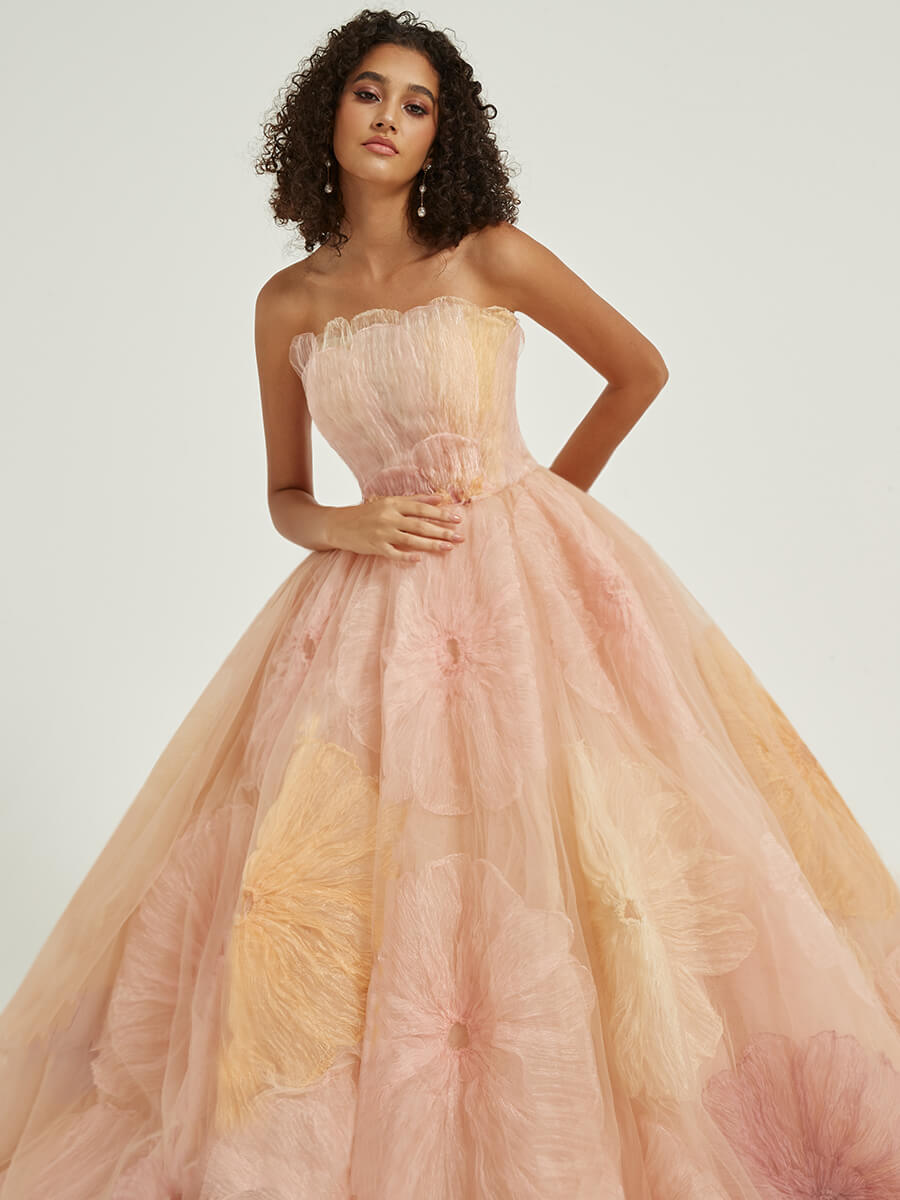 Luxury Strapless A-Line Tulle Fairy Chapel Train Prom Ball Gown Lily