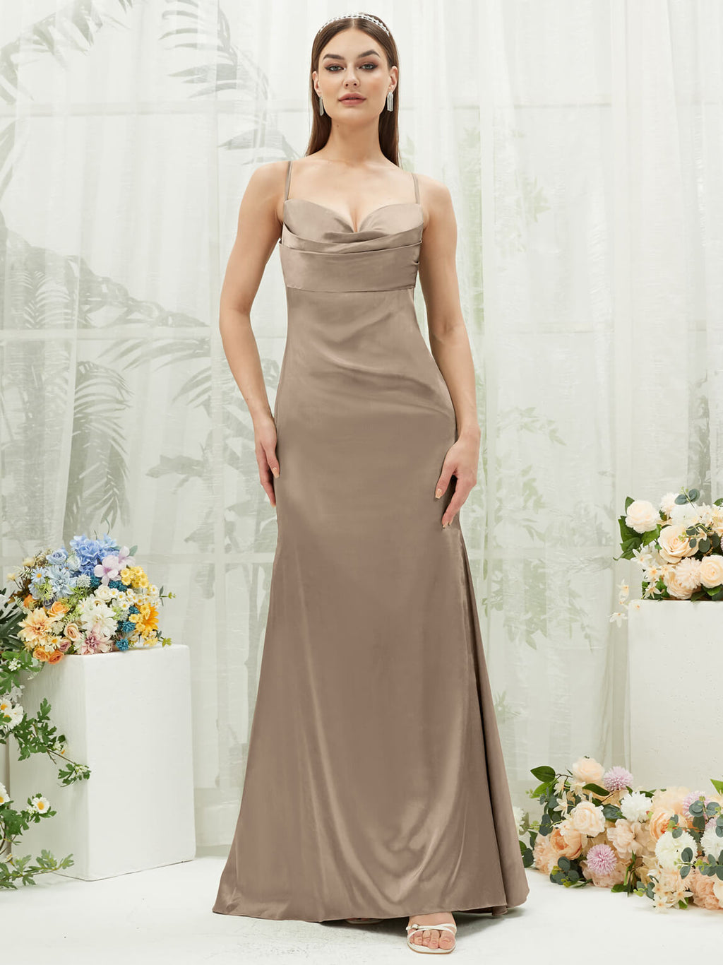 Taupe Pleated Spaghetti Straps Satin bridesmaid dresses NZ Bridal CA221470 Rory a