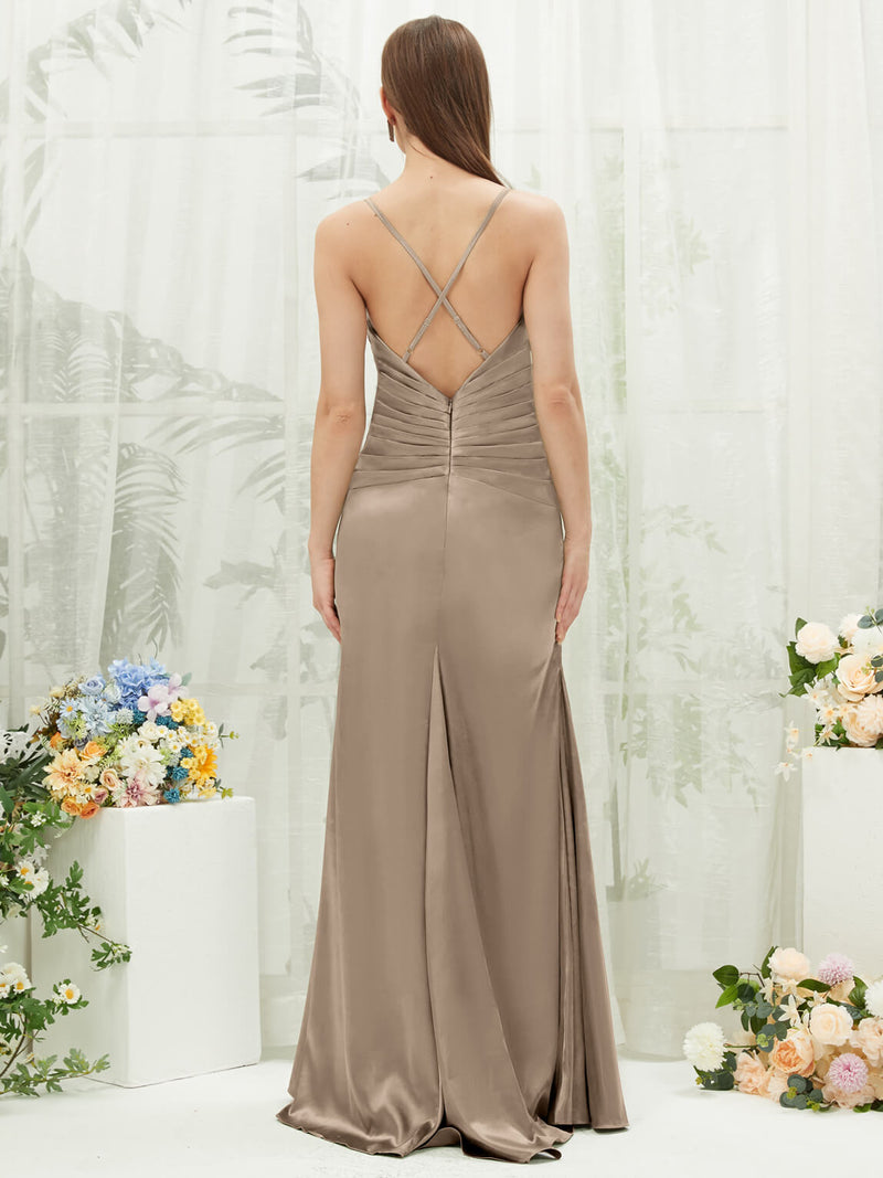 Taupe Pleated Spaghetti Straps Satin bridesmaid dresses NZ Bridal CA221470 Rory b