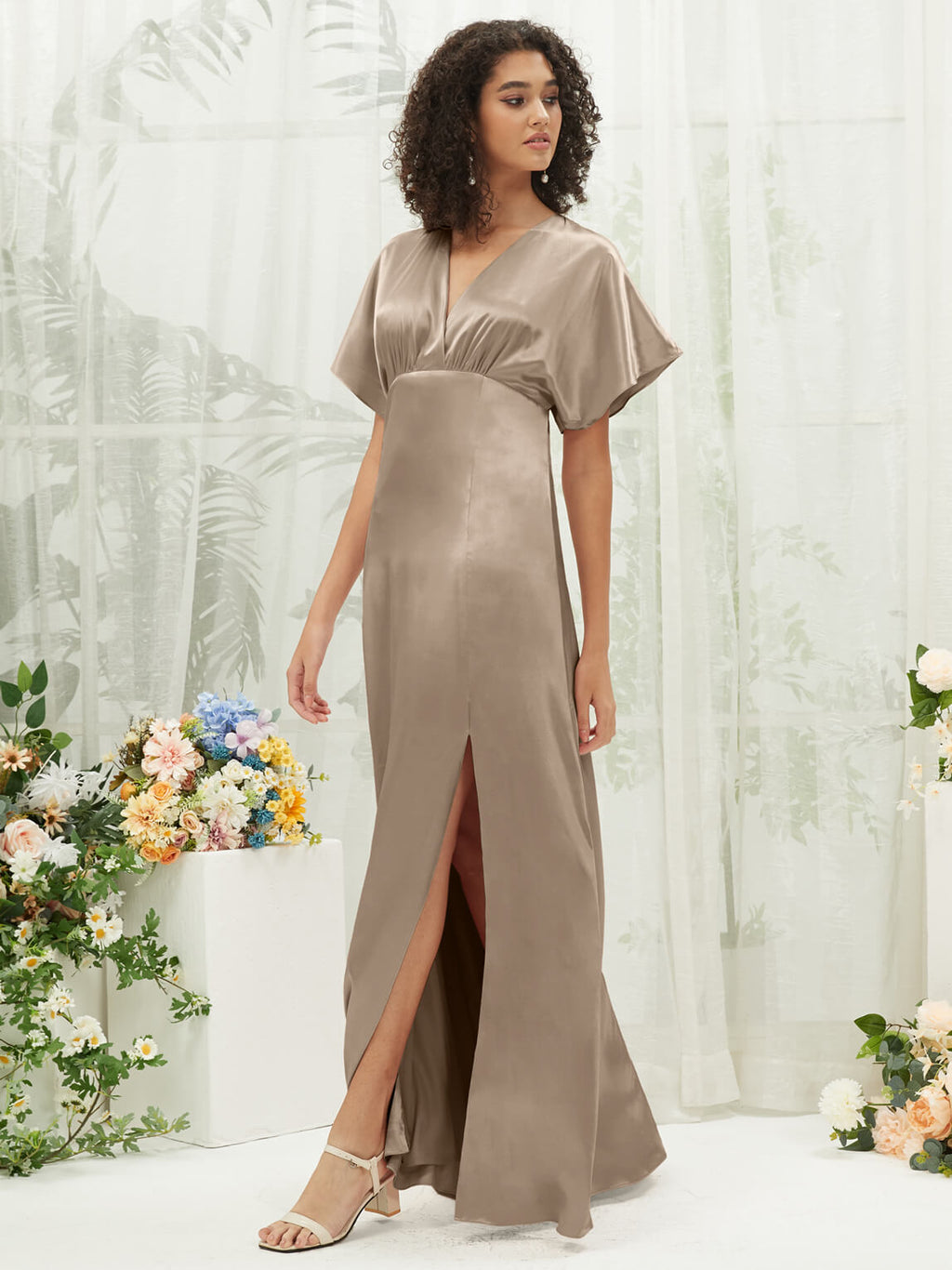 Taupe Short Sleeves Satin Slit bridesmaid dresses NZ Bridal BG30301 Jesse a