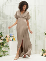 Taupe Short Sleeves Satin Slit bridesmaid dresses NZ Bridal BG30301 Jesse c