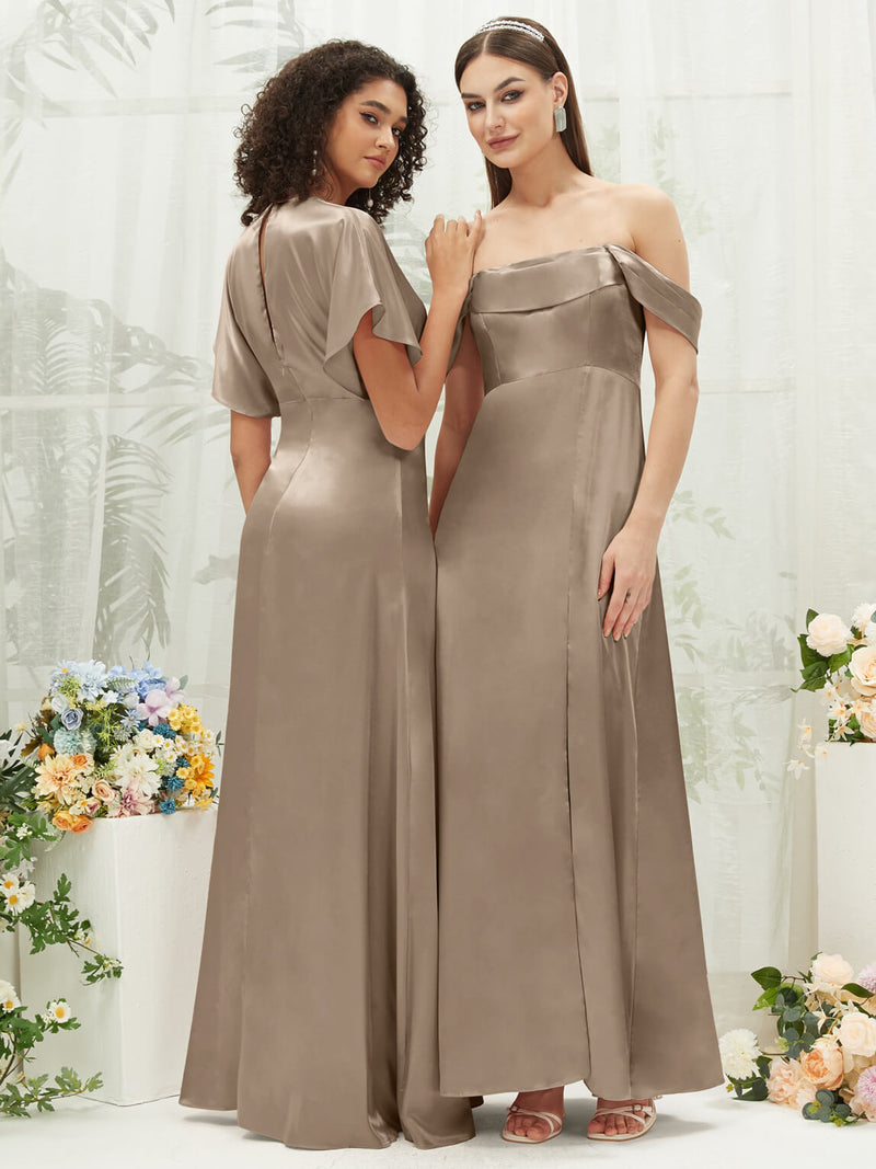 Taupe V-Neck Short Sleeve Satin Maxi Bridesmaid Dress With Slit NZ Bridal Taupe V-Neck Short Sleeve Satin Maxi Bridesmaid Dress With Slit NZ Bridal