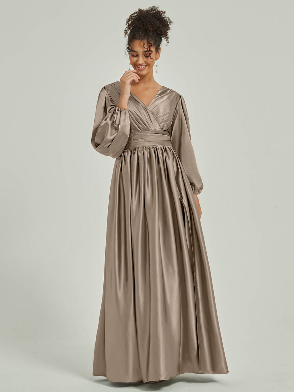 Taupe V Neck 34 Sleeves Satin bridesmaid dresses NZ Bridal AM30014 Josie a