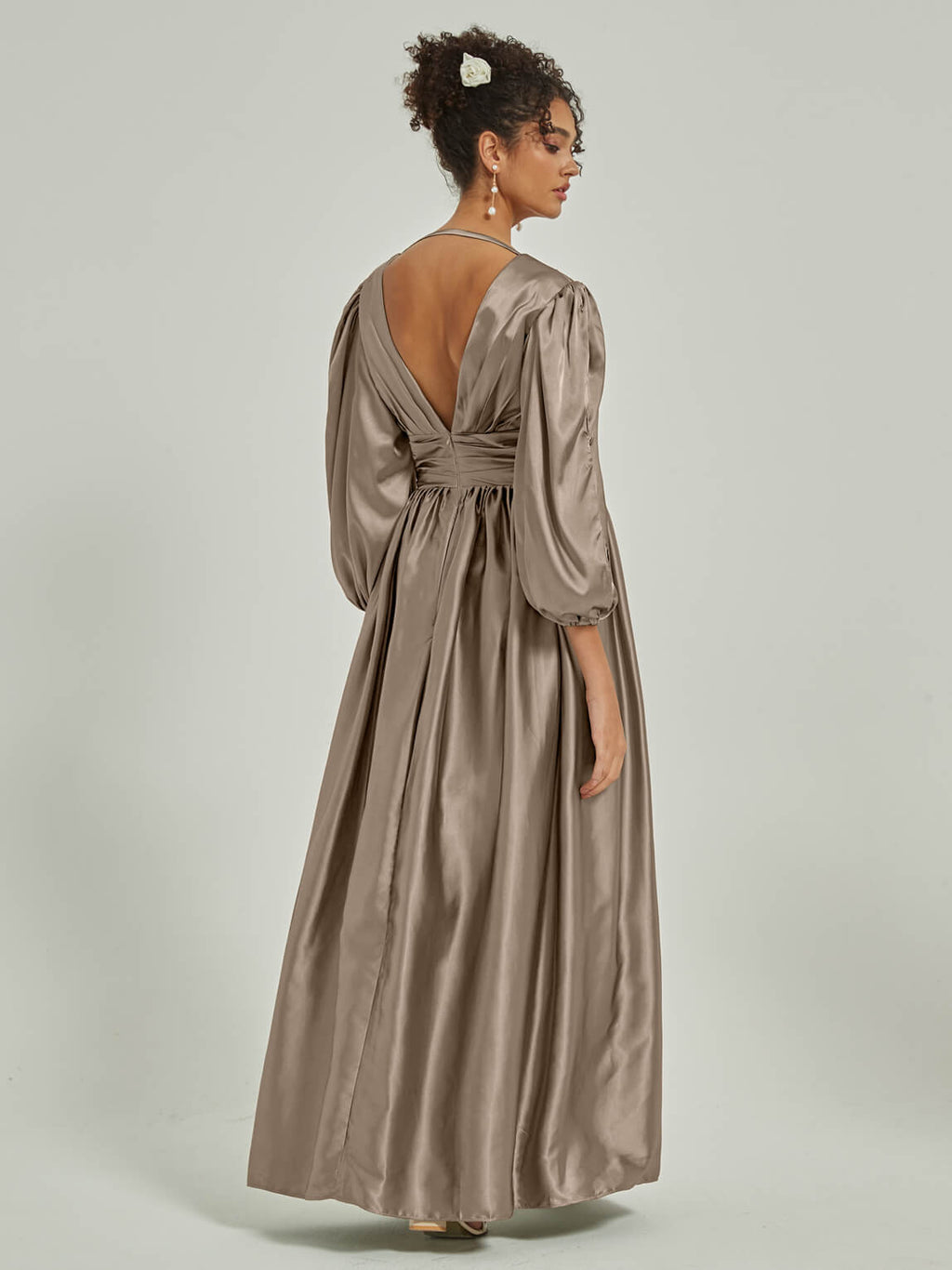 Taupe V Neck 34 Sleeves Satin bridesmaid dresses NZ Bridal AM30014 Josie a