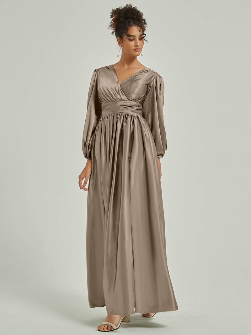 Taupe V Neck 34 Sleeves Satin bridesmaid dresses NZ Bridal AM30014 Josie c