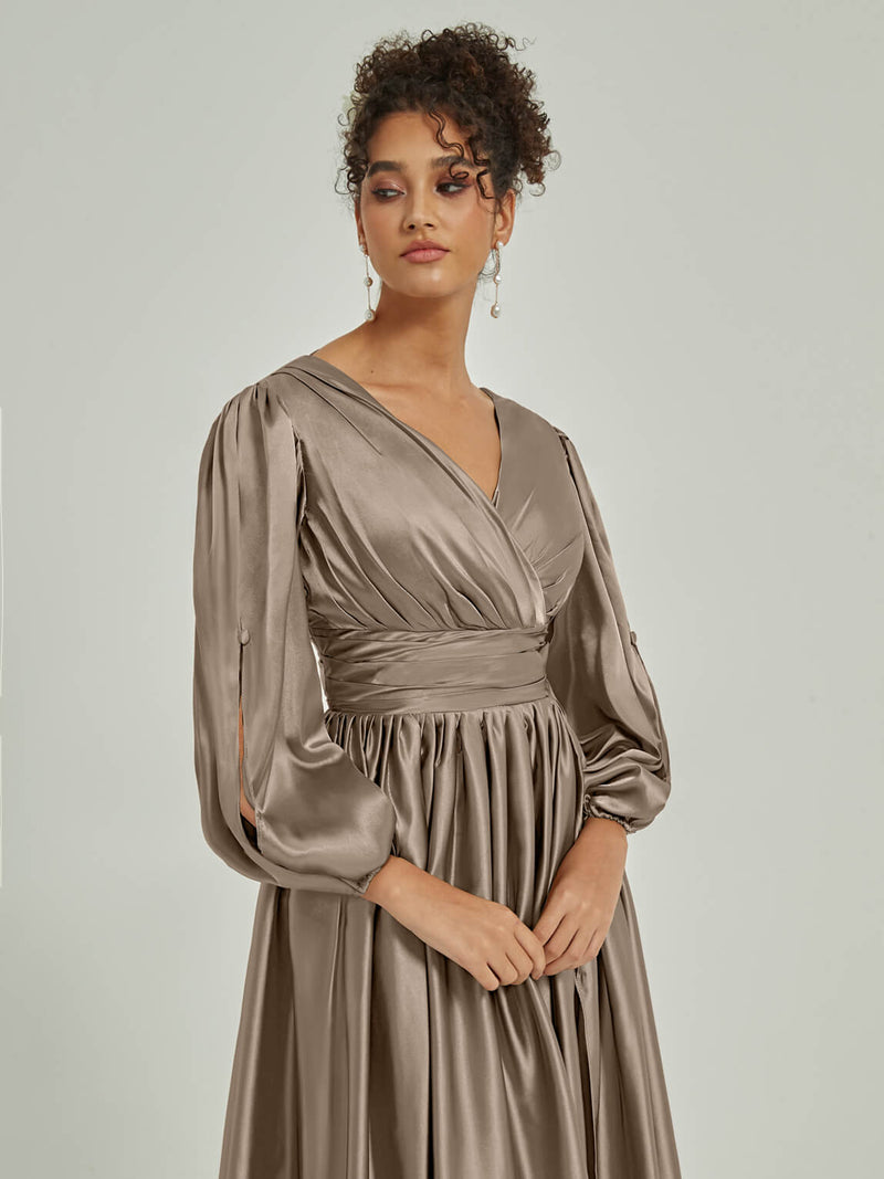 Taupe V Neck 34 Sleeves Satin bridesmaid dresses NZ Bridal AM30014 Josie detail1