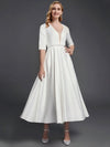 Noble Deep Sheer V-Neck 1/2 Sleeve Midi Length Satin A-Line Wedding Reception Dress