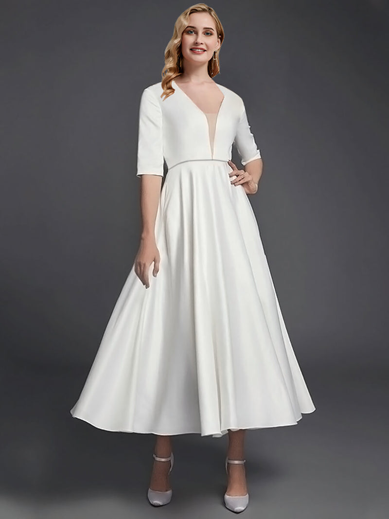 Noble Deep Sheer V-Neck 1/2 Sleeve Midi Length Satin A-Line Wedding Reception Dress