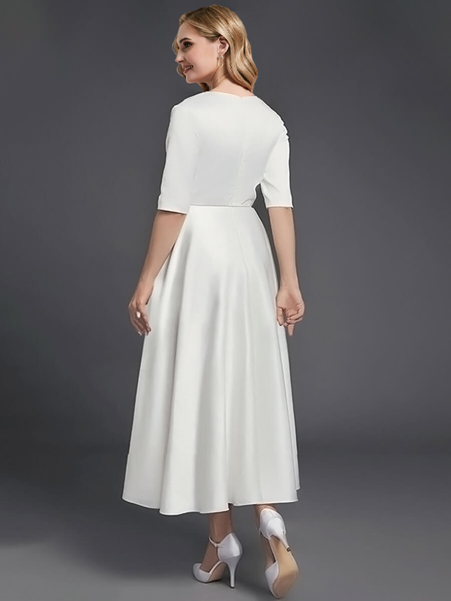 Noble Deep Sheer V-Neck 1/2 Sleeve Midi Length Satin A-Line Wedding Reception Dress