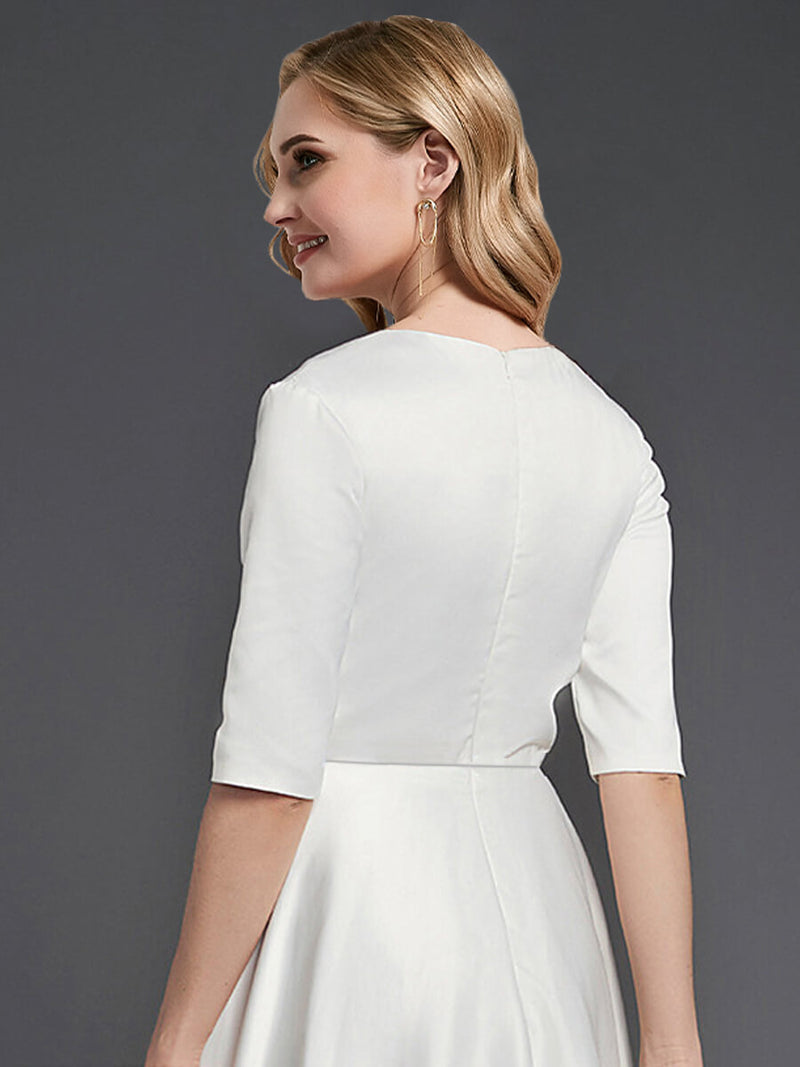 White Noble Deep Sheer V-Neck 1/2 Sleeve Midi Length Satin A-Line Wedding Reception Dress