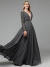 NZ Bridal Plus Size Sequin Long Sleeves Grey Pleated Sexy Deep V-neck Evening Dress Mother Dress