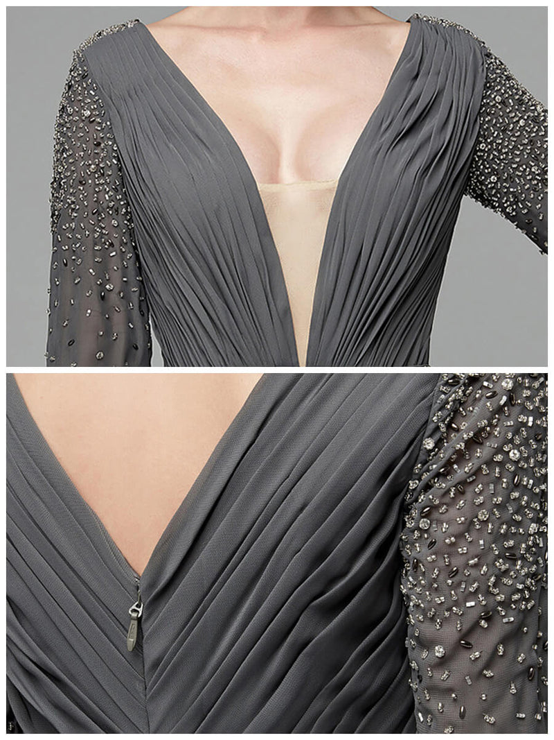Steel Grey Long Sleeve Chiffon V-Neck Flowy Pleated Empire Prom Dress NZ Bridal Steel Grey Long Sleeve Chiffon V-Neck Flowy Pleated Empire Prom Dress NZ Bridal