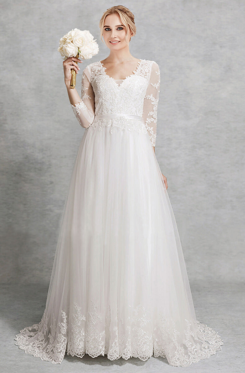 NZ Bridal V-neckline 3/4 Sleeves Sheer Lace and Tulle Plus Size Wedding Dress for Women