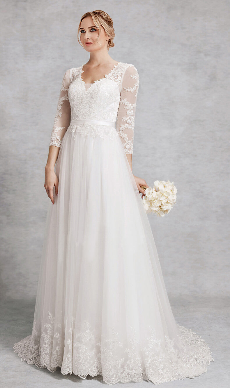 NZ Bridal V-neckline 3/4 Sleeves Sheer Lace and Tulle Plus Size Wedding Dress