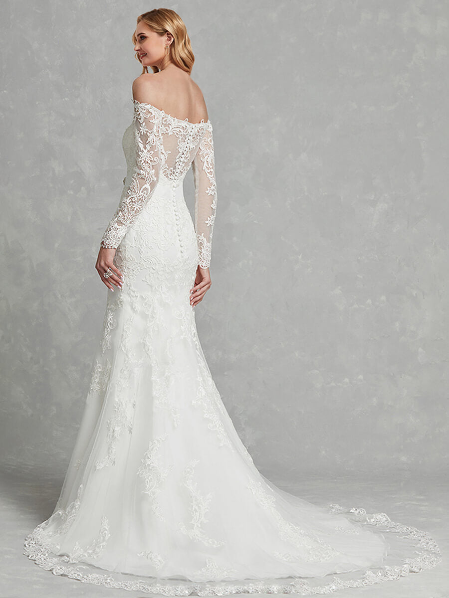  Long Sleeve Sheer Off-Shoulder Mermaid Lace Wedding Gown for Bridal