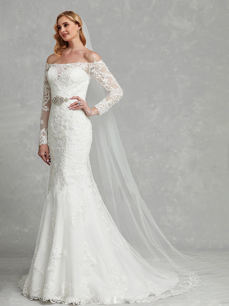 White  Long Sleeve Sheer Off-Shoulder Mermaid Lace Wedding Gown for Bridal
