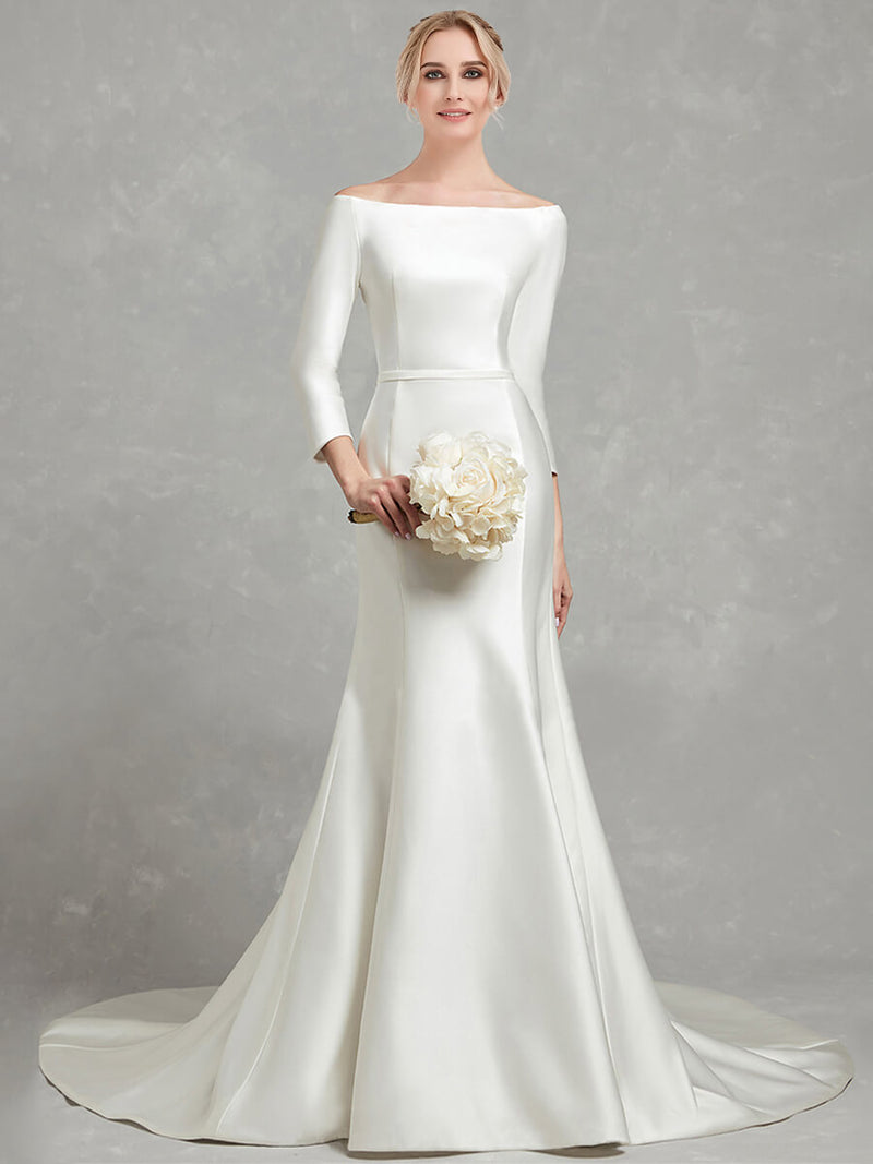 3/4 Sleeve Boat Neckline Mermaid Flare Satin Wedding Gown for Bridal