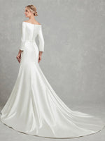 NZ Bridal White 3/4 Sleeve Boat Neckline Mermaid Flare Satin Wedding Gown for Bridal