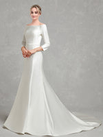 NZ BRIDAL 3/4 Sleeve Boat Neckline Mermaid Flare Satin Wedding Gown for Bridal