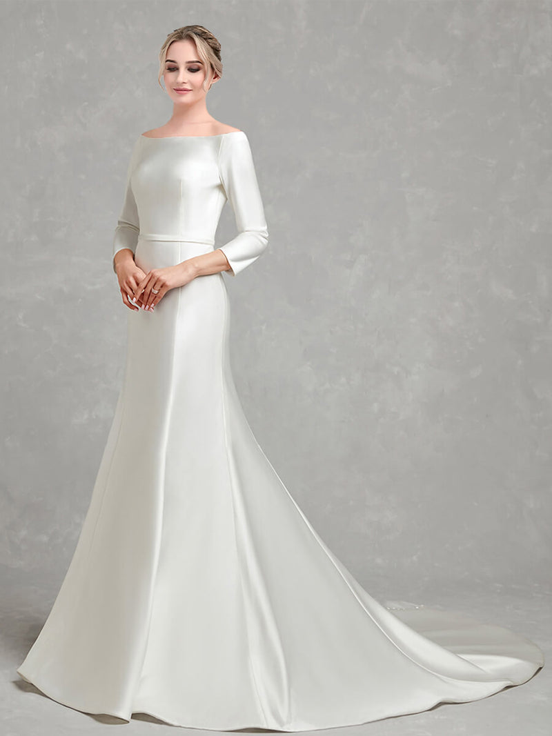 NZ BRIDAL 3/4 Sleeve Boat Neckline Mermaid Flare Satin Wedding Gown for Bridal