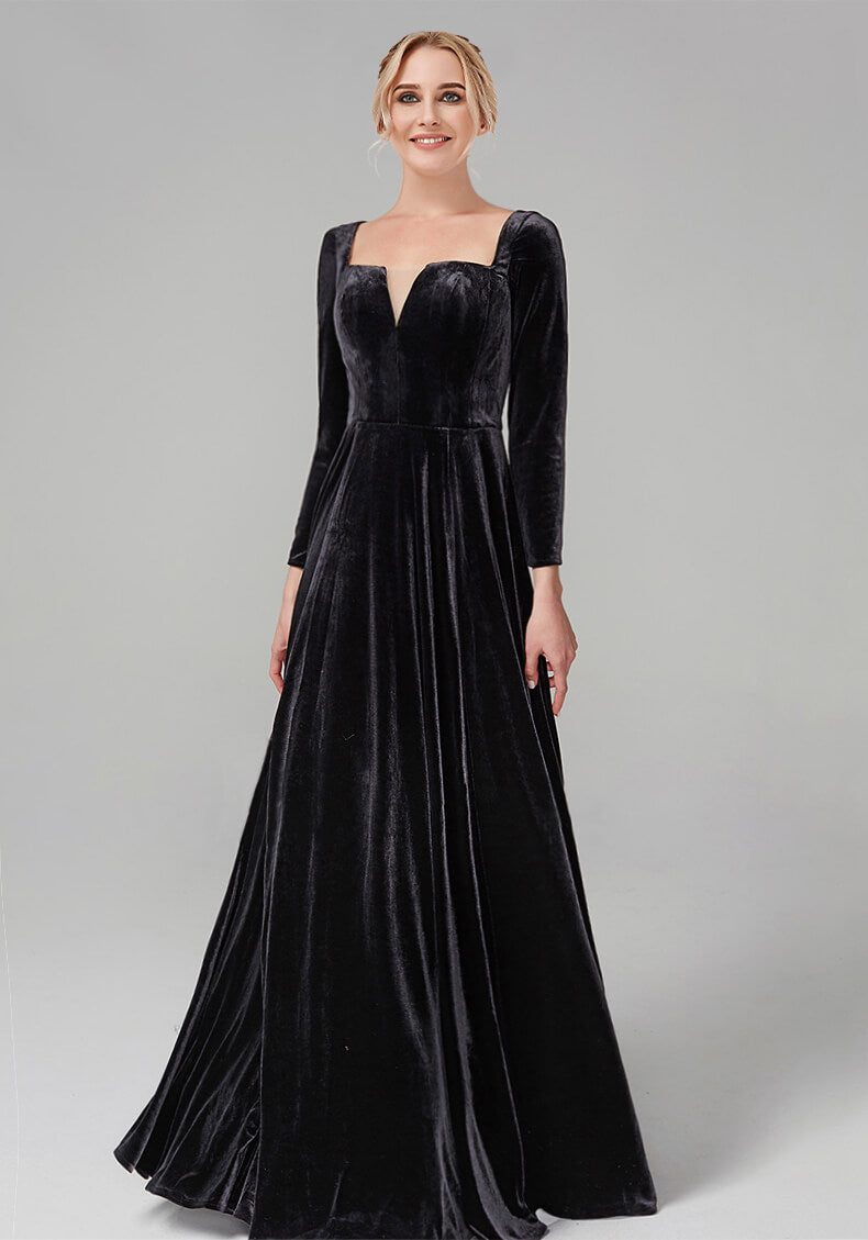 Black Square Neck Notch Long Sleeves Velvet Gown