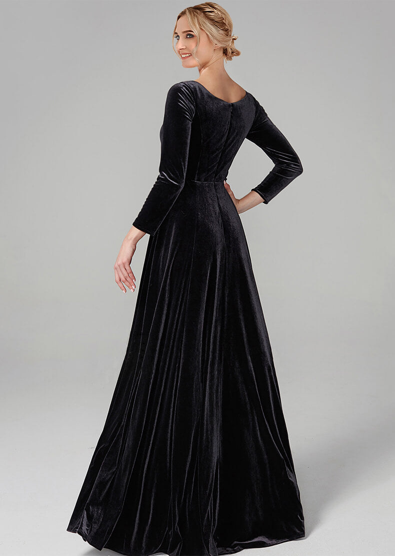 Black Square Neck Notch Long Sleeves Velvet Gown